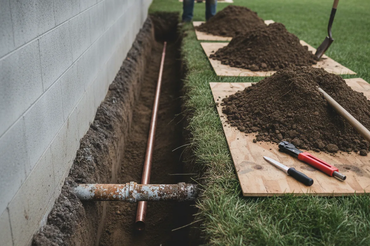 Excavated water line trench during Sewer Line Repair in Gordonville